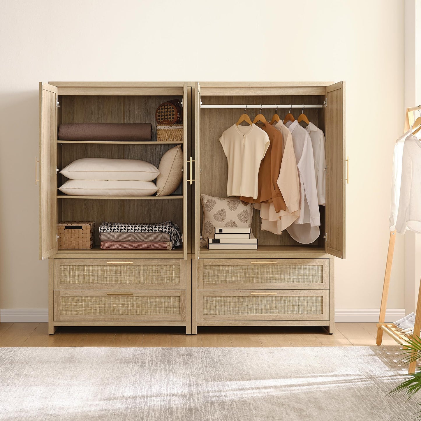 SICOTAS Rattan Armoire Wardrobe Closet Cabinet, 71" Tall Wardrobe Storage Cabinet with Doors, Large Drawers and Hanging Rod, Boho Armoire Clothes Organizer for Bedroom, Cloak Room, Light Oak