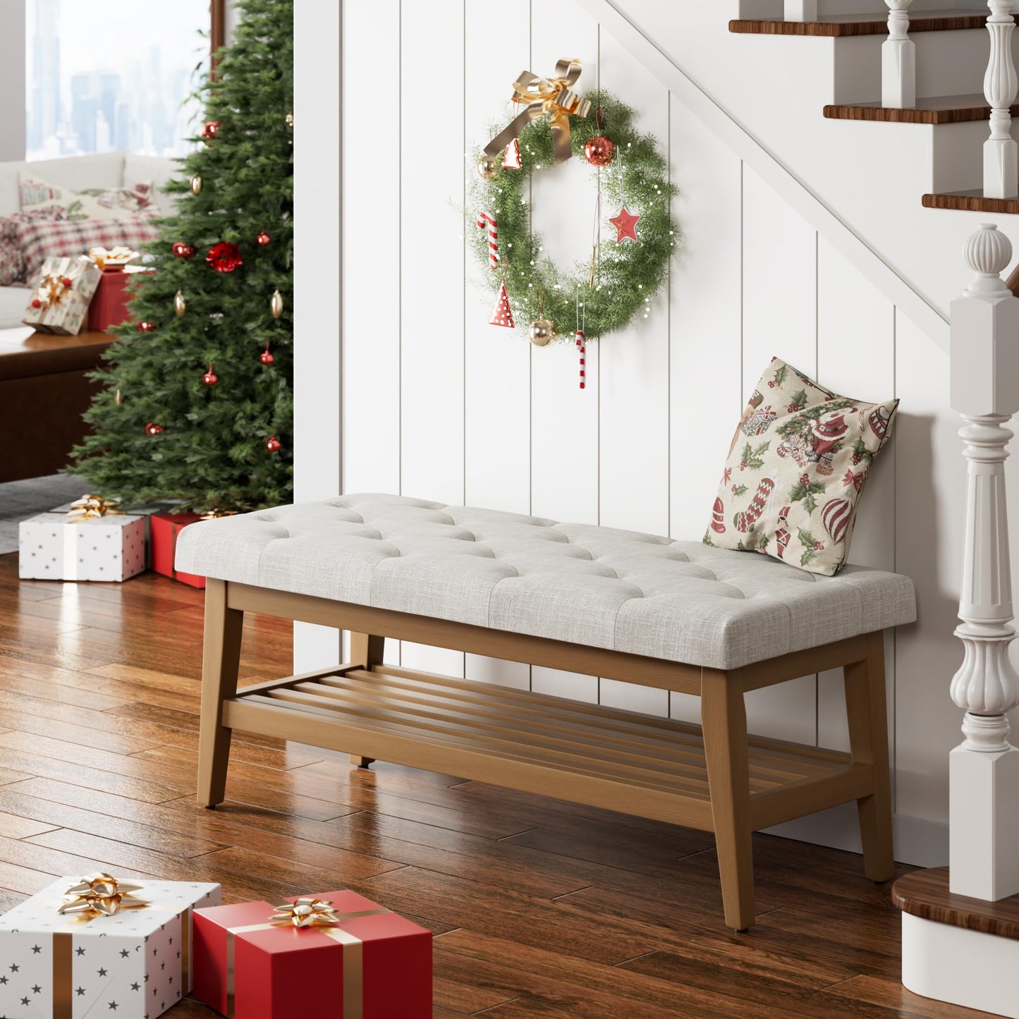 HUIMO Entryway Shoe Bench, End of Bed Bench,Upholstered Button-Tufted Bench for Kitchen, Fabric Ottoman Bench for Living Room, Padded Bench with Solid Wood Shelf Beige