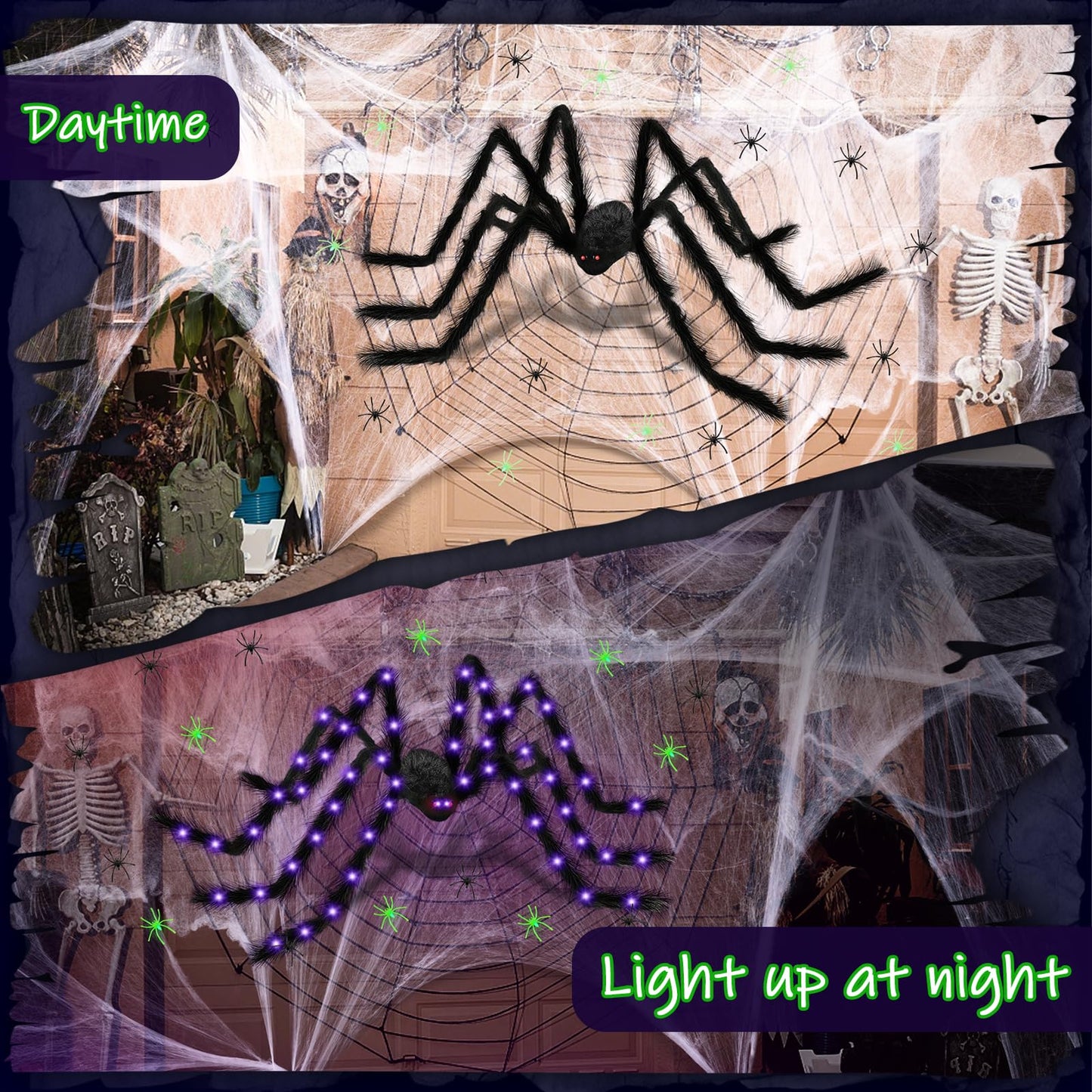 Yinhua Lighted Halloween Decorations 78" Giant Light Up Spider Halloween Decor 700 Sqft Super Stretchy Spider Web Decoration with 30 Extra Small Fake Spiders Large Cobwebs for Indoor and Outdoor