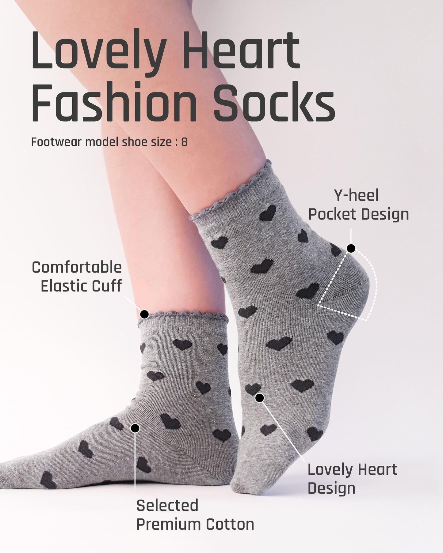 CUTIE MANGO 3 Pairs Women's Heart Pattern Print Cotton Daily Casual Crew Socks Novelty Premium Fashion Soft Lovely Cute Crazy Fun Size 6,7,8,9,10 for Women - Gray