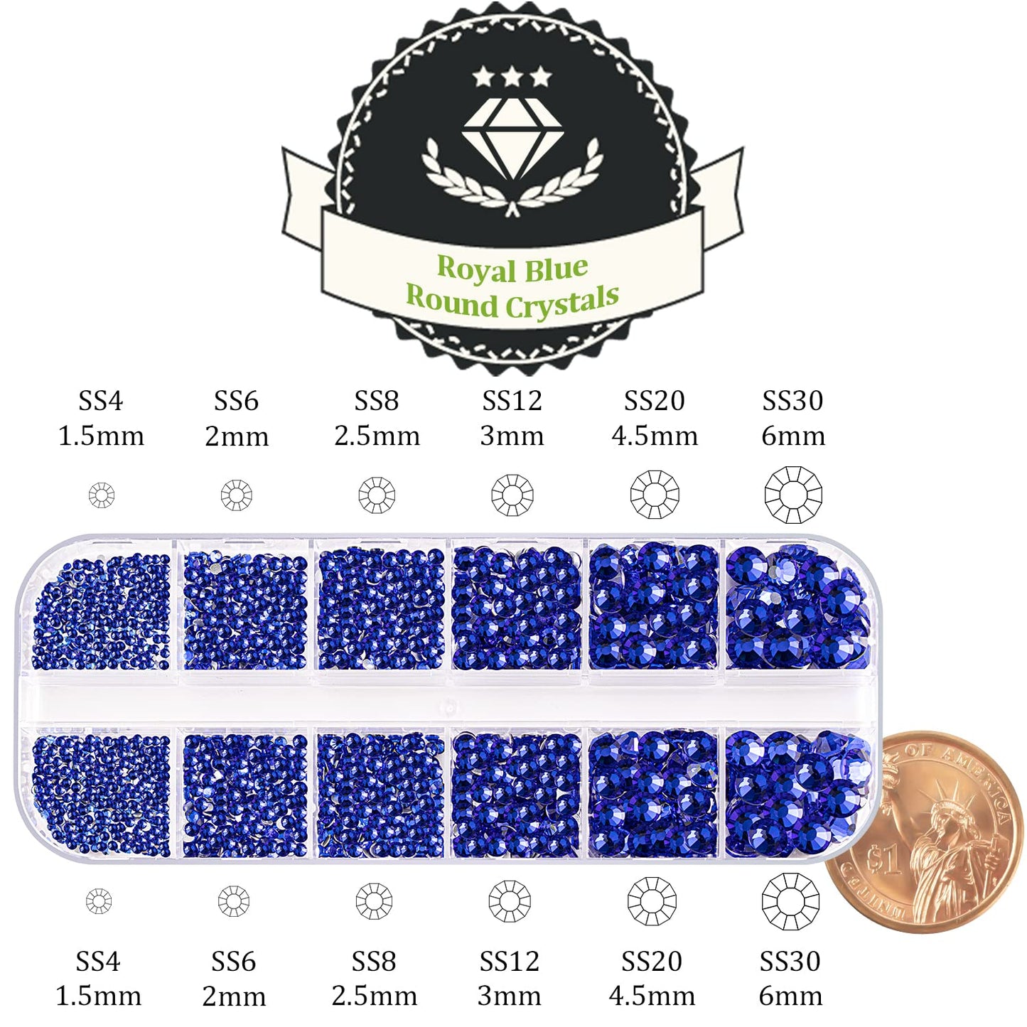 One Pack 2000 Pcs of Flatback Round Royal Blue Rhinestones 6 Sizes (1.5-6 mm) with Nail Art Rhinestone Picker Pencil and Tweezer