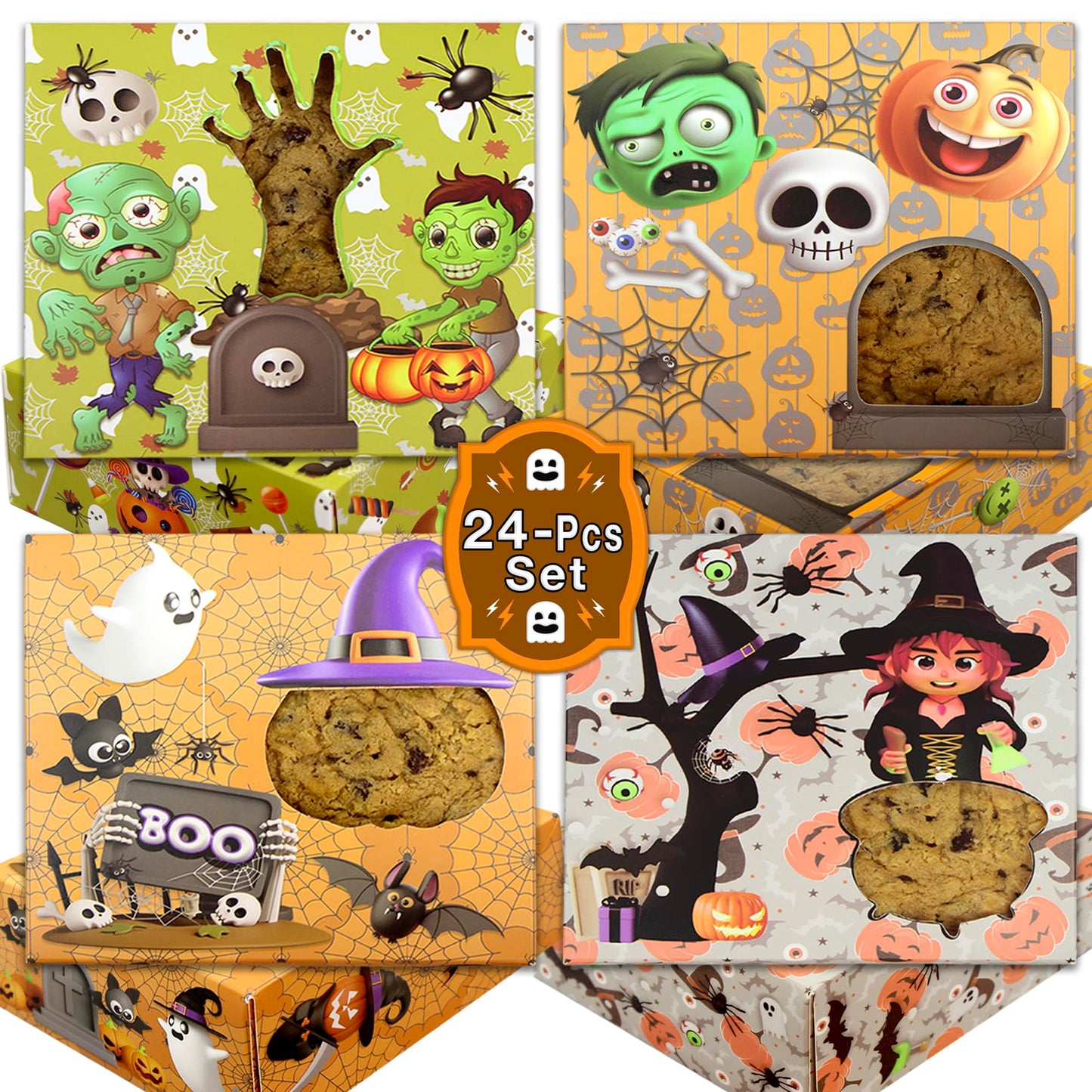 BASHOUT Halloween Cookie Boxes | 24 Pcs Variety Pack with 4 Unique Designs | 5" x 5" Inch Treat Boxes for Gift Giving & Candy Display