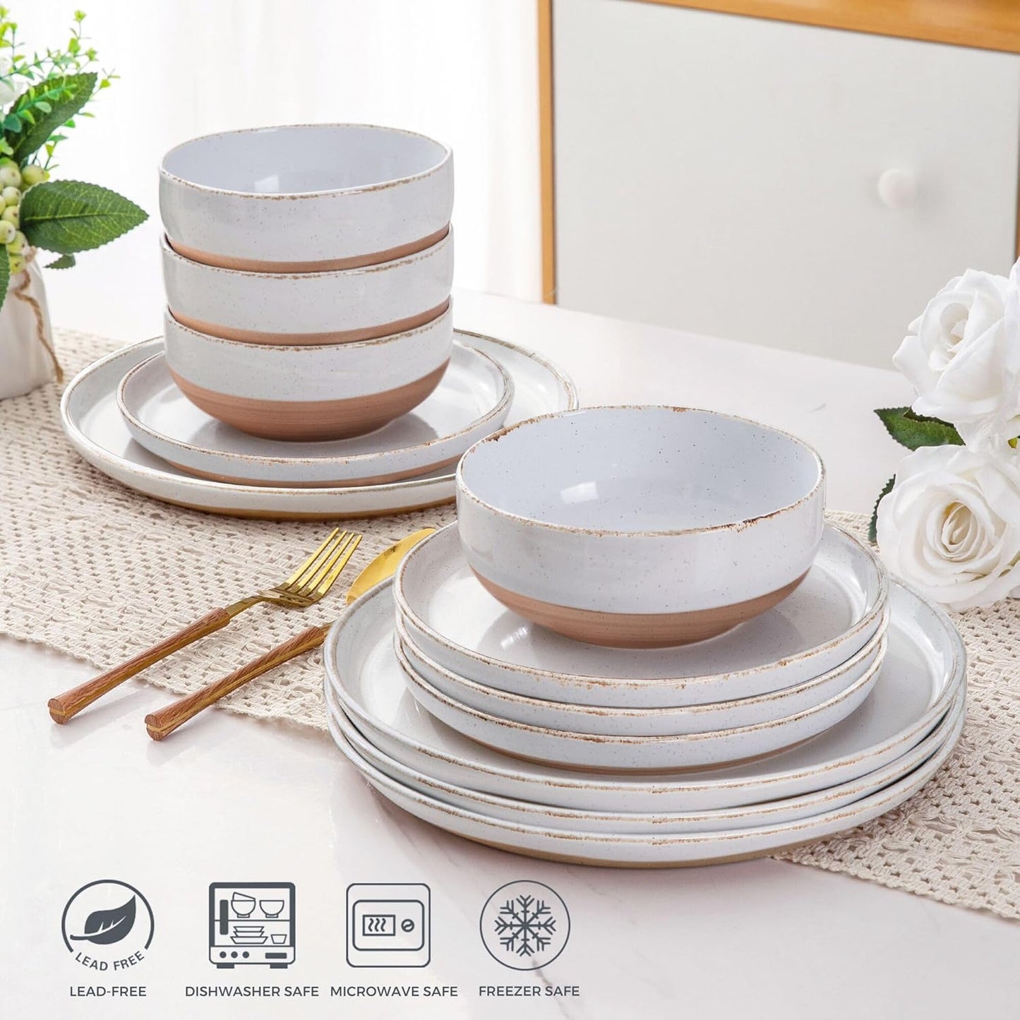 AmorArc 24 Pieces Ceramic Dinnerware Sets for 8, Handpainted Stoneware Plates and Bowls Set with Rustic Terracotta Underside, Scratch Resistant Dishes Set, Dishwasher & Microwave Safe, White