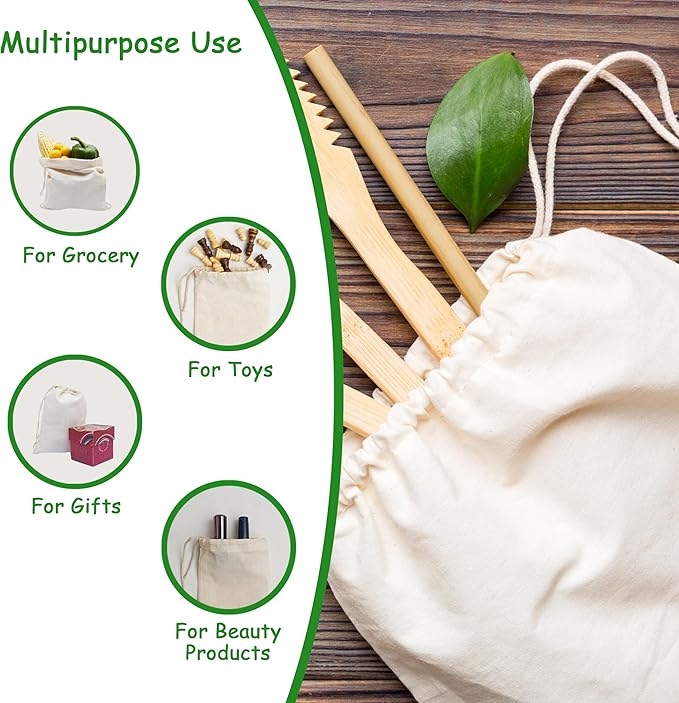 Reusable Cotton Storage Produce Bags With Drawstrings Medium 8x10 inch (12 Psc), Muslin Bags - For Bulk Food Storage, Vegetable, fruit, Food, Snack, Footwear, Toys Storage Bag