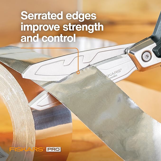 Fiskars PowerArc 8" Shop Shears, Heavy Duty Serrated Stainless Steel Scissors with Comfort Grip, Hardware Tool for Construction, Cut Materials like Insulation, Duct Tape, Cardboard, Rope and Tyvek