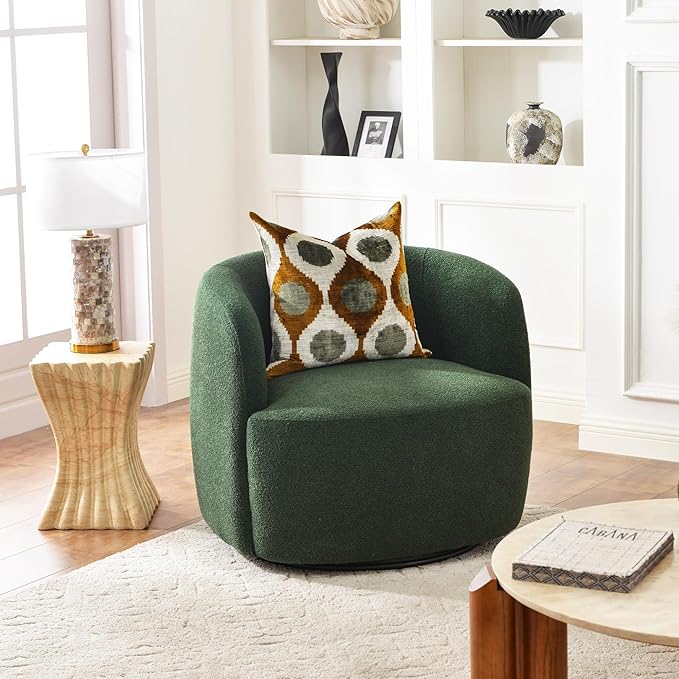 KINWELL 34" Wide Boucle Swivel Barrel Chair, No Assembly Round Upholstered Armchair Accent Chair Single Sofa Chair with Toss Pillow for Living Room and Bedroom, Green