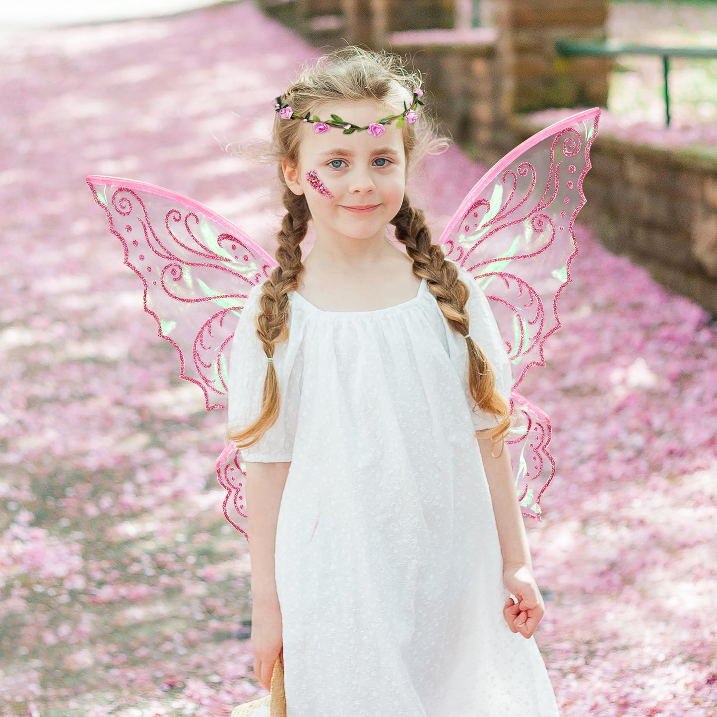 U-Goforst Fairy Costume Wings for Adults, Butterfly Wings for Girls Women, Halloween Costume Cosplay Dress Up, Sparkly Wings with Flower Crown and Glitter (Pink)