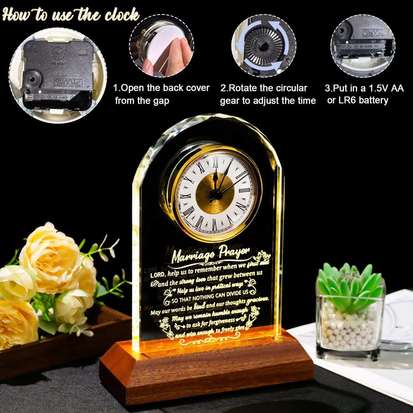 Glass Clock Wedding Gifts for Couples 2025 with Wooden Light Base, Happy Anniversary Marriage Prayer Gift with Inspiring Quotes, Unique Newlywed Mr and Mrs Gifts, Engagement Presents for Home