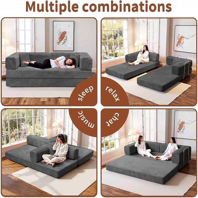 Kelyda 79 Inch Convertible Sofa Bed Couch in Box, 5 in 1 Folding Modular Boneless Couch with Pull Out Bed 2 Pillows, Soft Corduroy Floor Futon Lounge Loveseat Sleeper Lazy Cama No Assembly Dark Grey