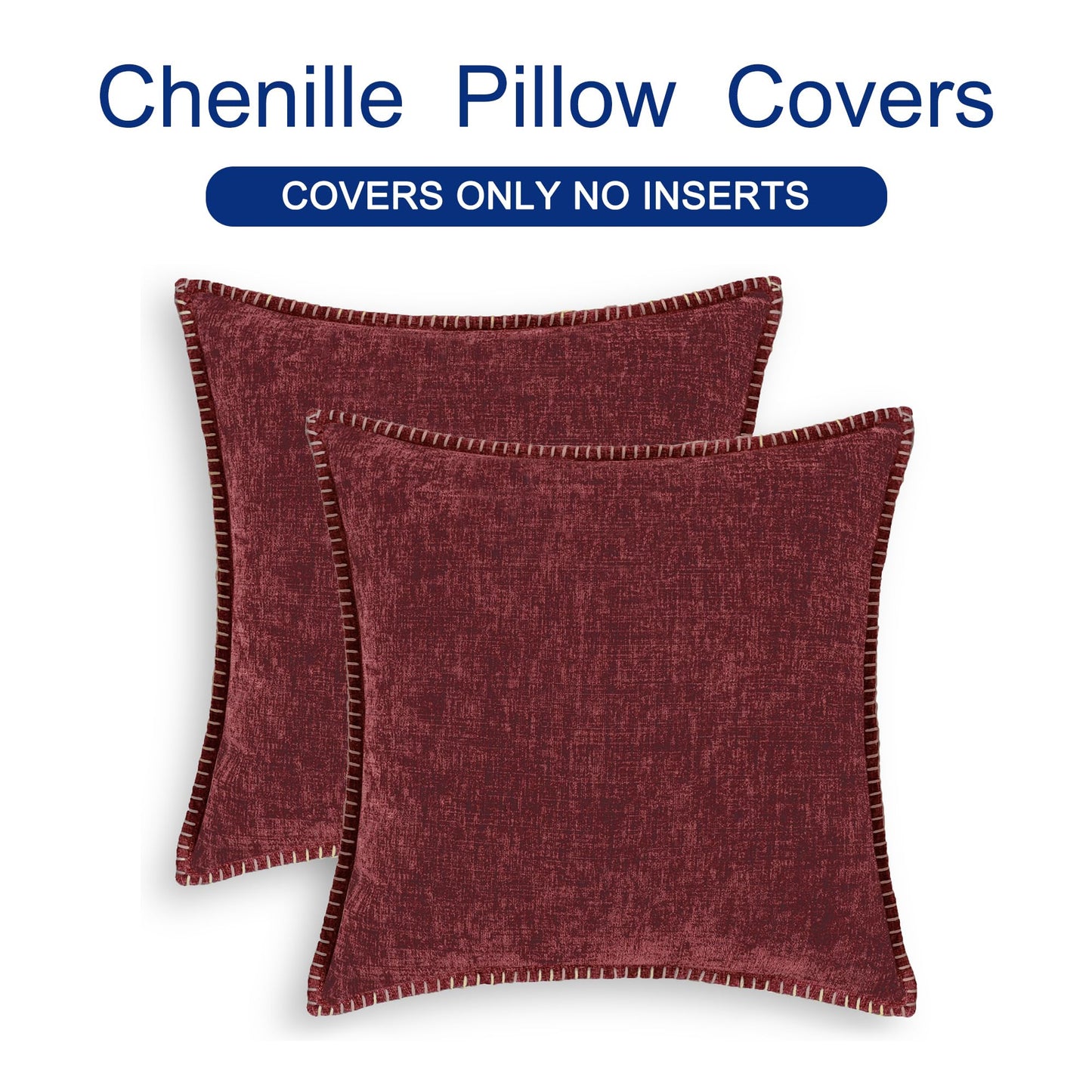 CaliTime Throw Pillow Covers Decorative 18 X 18 Inches Pack of 2 Cotton Thread Stitching Edges Solid Dyed Soft Chenille Cushion Cases for Couch Sofa Bed Living Room Farmhouse Burgundy