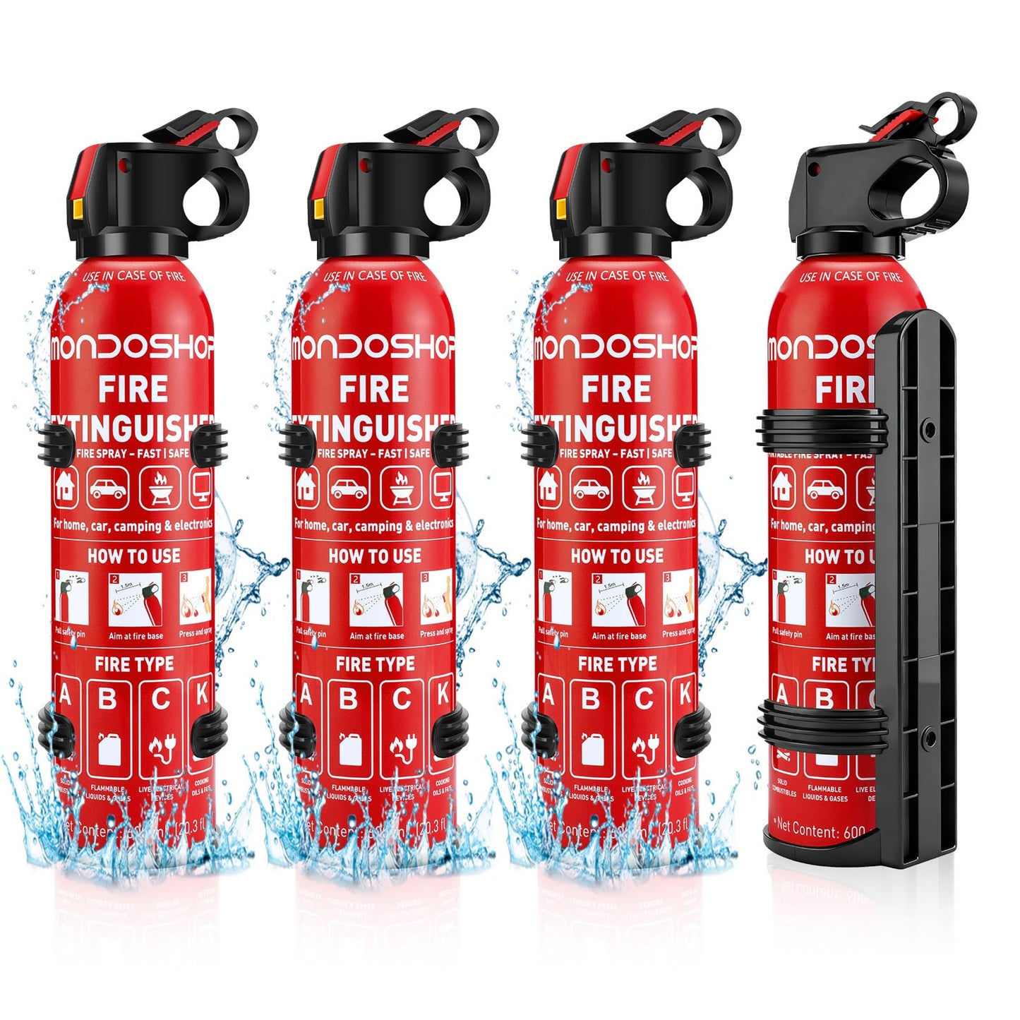Fire Extinguisher for Home and Vehicle - Mondoshop 4-Pack Water-Based Portable Fire Extinguisher with Mount for A, B, C, K Fire, Suitable for Vehicle, Kitchen, Home, Car, Boat, Camping, Business