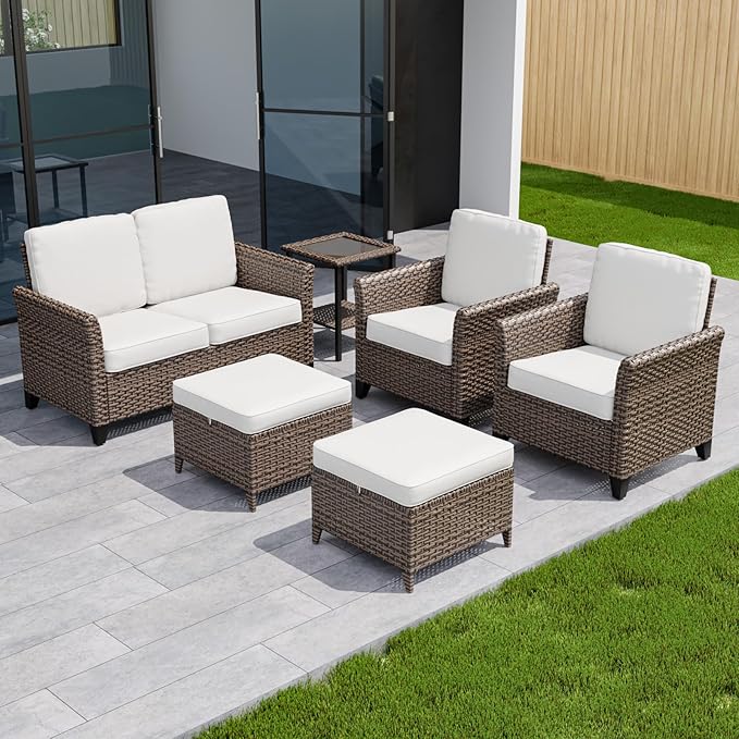 COOS BAY Harbor Retreat 6 Piece Outdoor Furniture Set, Patio Conversation Set with Patio Chairs, 2 Seat Loveseat, Side Table and Ottomans, Wicker Furniture, Brown/Beige