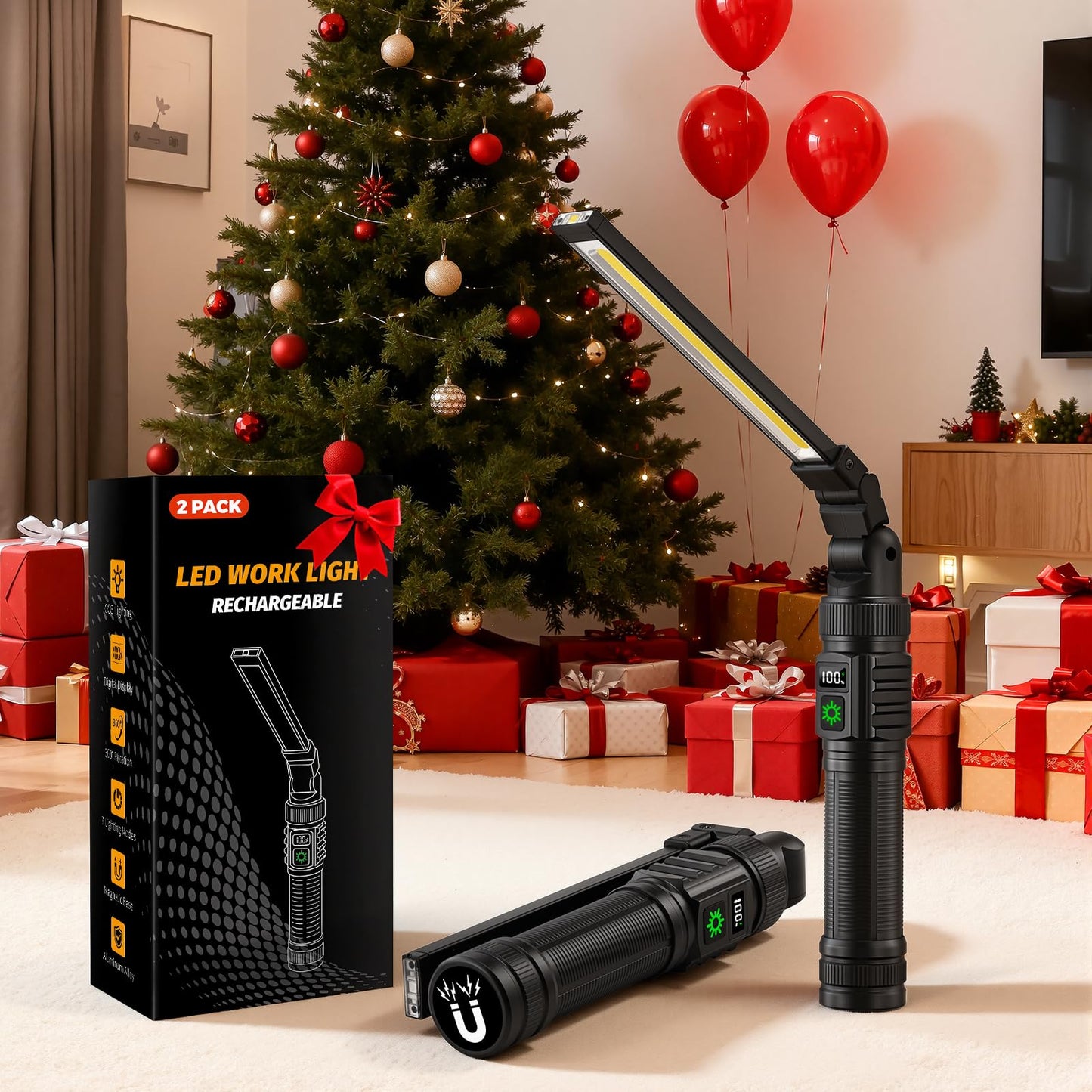 2Pack Magnetic Work Light, All Aluminum & 1500 High Lumens Rechargeable Work Light, 7 Mode & 360° Rotation Mechanic Light, Rechargeable Flashlight for Car Repairing, Valentines Day Tool Gifts for Him