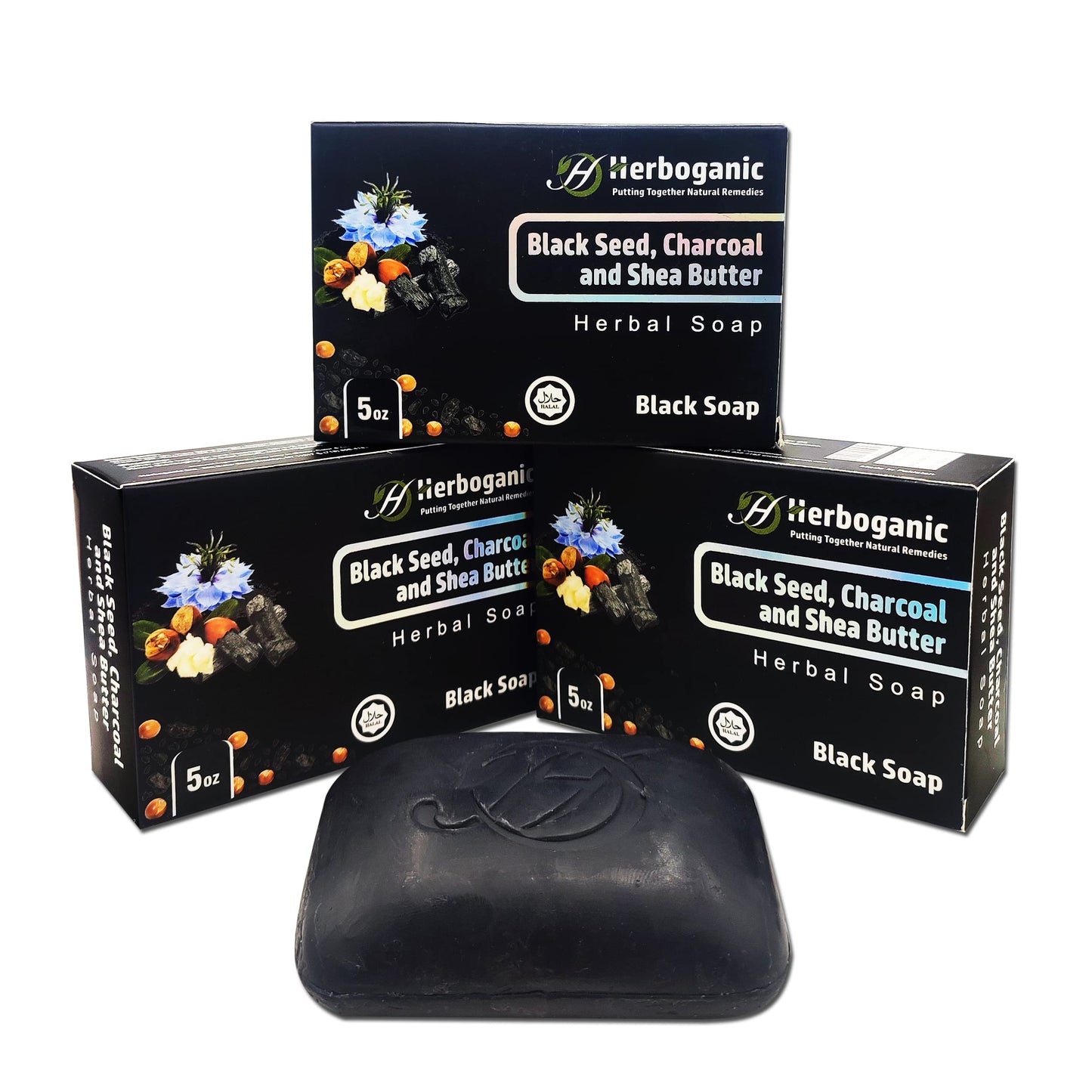 HERBOGANIC Black Seed, Charcoal and Shea Butter Herbal Soap | Pack of 3 of 5oz soap Bar | Natural Bar Soap for Face and Body | H