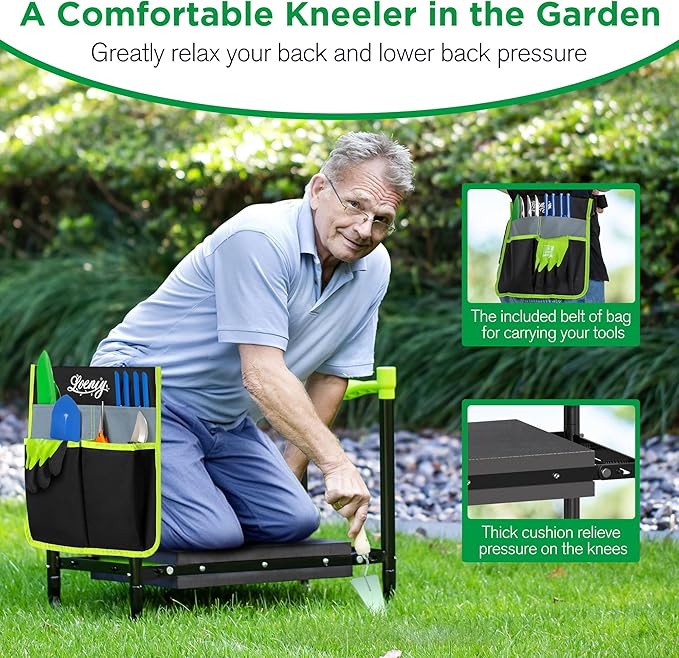 LOENIY 10.8” Wide Garden Kneeler and Seat, Heavy Duty Foldable Gardening Stool with Tool Belt Pouch, Portable Gardening Bench Chair for Seniors & Parents, Non-Slip & Easy Grip Design