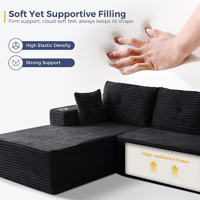 MAXYOYO 132" Giant U-Shaped Modular Sectional Couch, Modern Boneless Couch for Living Room, Sofa in A Box, Oversized Sofa Sleeper with Deep Seat, No Assembly Required, Black