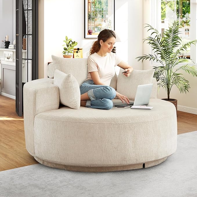 Oversized Round Swivel Chaise Longue Chair Indoor, Modern 55-inch 360 Degree Swivel Upholstered Chenille Deep Seat Circle Single Cloud Sofa Chair for Living Room Bedroom Apartment Office, Beige
