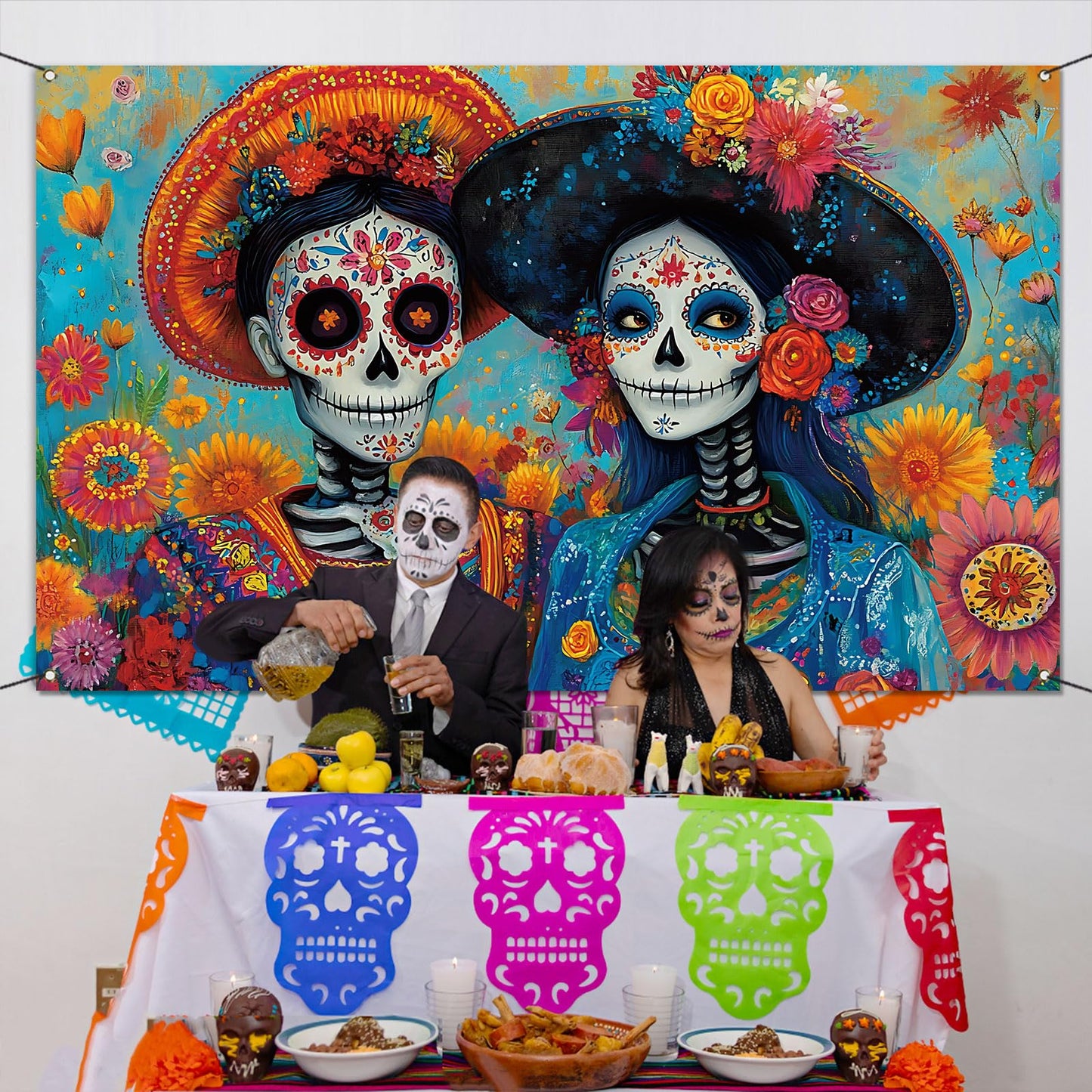 Buxiuer Day of The Dead Photo Booth Backdrop Día De Los Muertos Decorations Mexican Sugar Skull Marigold Bulletin Board Wall Decor