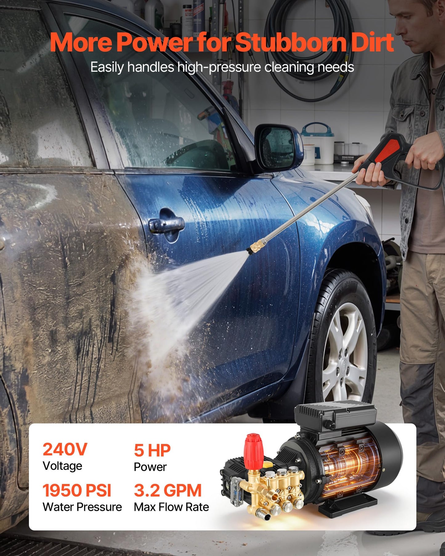 VEVOR Electric Pressure Washer Pump Kit, 1950 PSI, 3.2 GPM, Triplex Power Washer Pump with 5 HP Motor 240 V, Adjustable Water Pressure, for Washing Cars, Gardens, Exterior Walls, Machinery Equipment