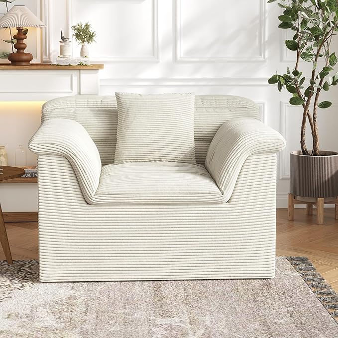 SUNG7 51" Cloud Sectional Couch, Modern Modular Sofa with Deep Seat, Comfy Compressed Single Sofa, Upholstered Corduroy Couches for Living Room, No Assembly Required, Beige