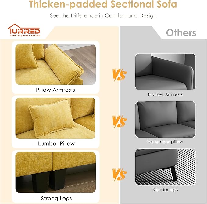 URRED Cloud Couch Modular Sectional Sofa, 87" Modern Loveseat Sofa with 2 Ottomans & Pillows, Ultra Comfy Chenille Couches for Living Room, Bedroom or Apartment, Yellow