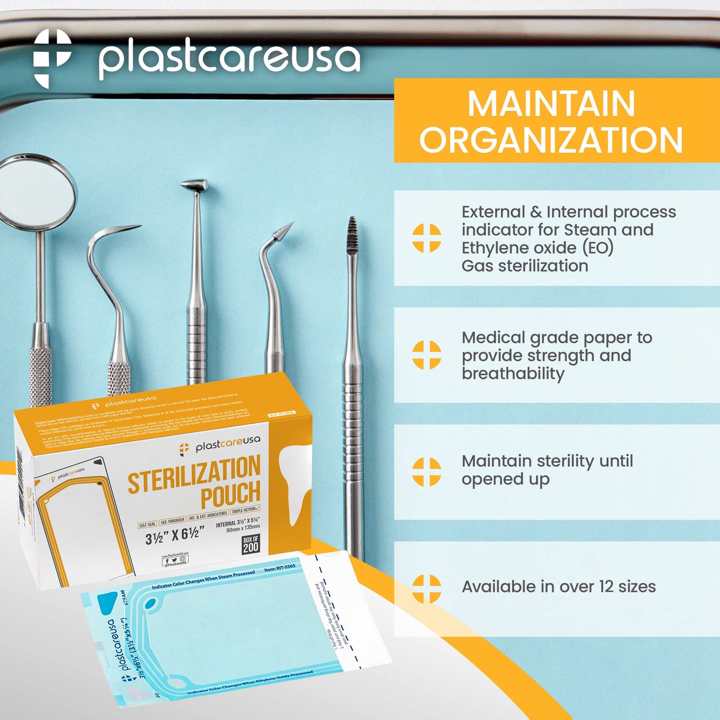 200 3.5 X 5.25 Self Sealing Sterilization Pouches - Autoclave Sterilizer Bags Pouch for Sterilizing Dental Medical Instruments & Cleaning Tools - Latex-Free, Color Changin Indicator by PlastCare USA