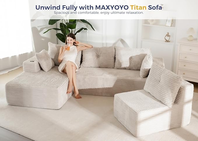 MAXYOYO 132" Oversize Modular Sectional Couch with L-Shape Chaise, Modern Boneless Couch for Living Room, Sofa in A Box, Oversized Sofa Sleeper with Deep Seat, No Assembly Required, Grayish Beige