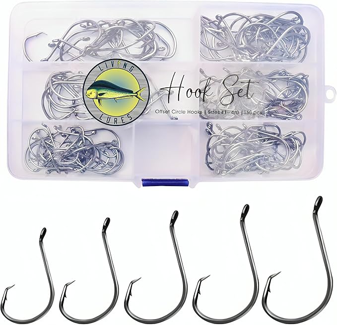 Living Lures Fishing Hooks, Circle Hooks, 150PCS 2X Strong Rust & Corrosion Resistant High Carbon Steel, Saltwater Fishin...