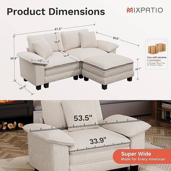 87-Inch L Shaped Sectional Sofa with Cloud Cushions, Deep Seat Modular Couch Set w/ 3 Seats & 1 Ottomans, Removable Arms, Plush Corduroy Upholstery for Living Room, Apartment - Beige
