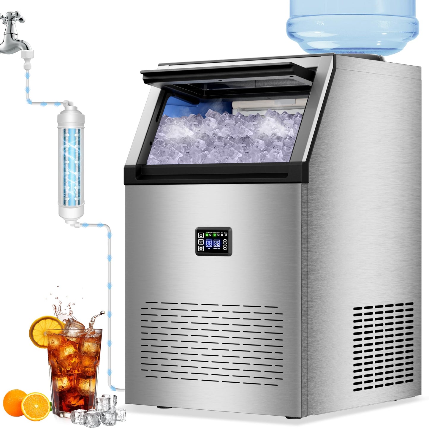 Ice Maker Commercial Ice Maker Machine 200lbs/24H with 34Lbs Storage, Stainless Steel Undercounter/Freestanding Ice Machine 2 Water Inlet Modes 55Ice/Cycle, Self-Cleaning for Homes Restaurants Bars