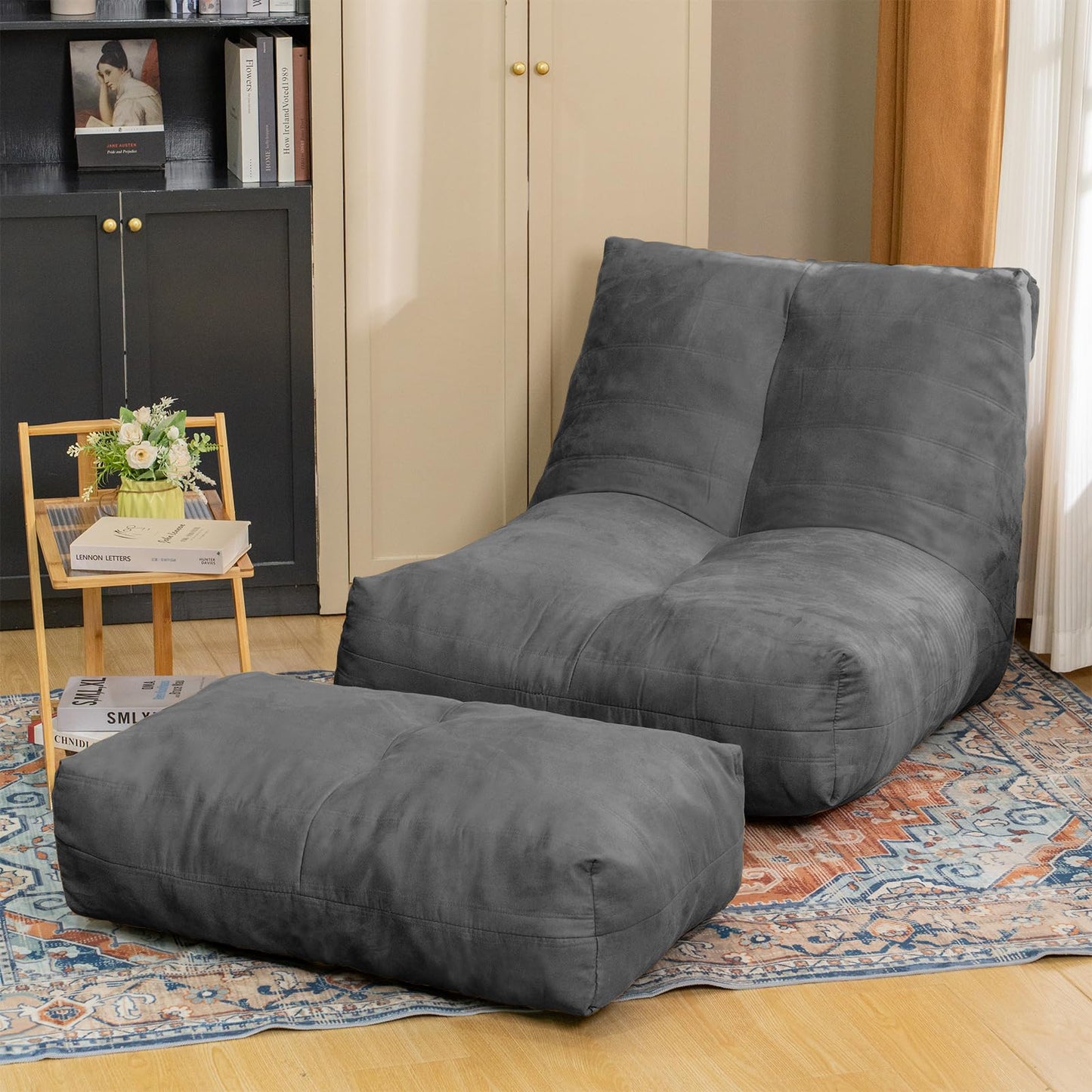 Cvortll Bean Bag Chair with Ottoman, Comfy Bean Bag Sofa with Memory Foam, Lazy BeanBag Sofa with Footstool, Fireside Bean Bag Couch for Living Room, Bedroom, Apartment