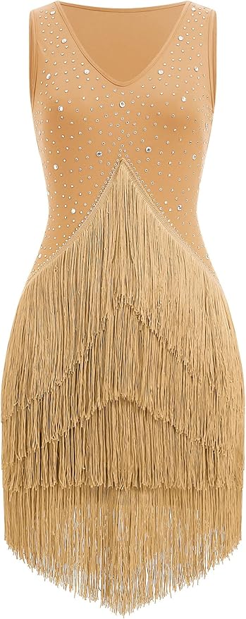 IWEMEK Rhinestones Fringe Tassel Latin Dance Dress for Women Competition Ballroom Dance Costumes Tango Salsa Flapper Dresses