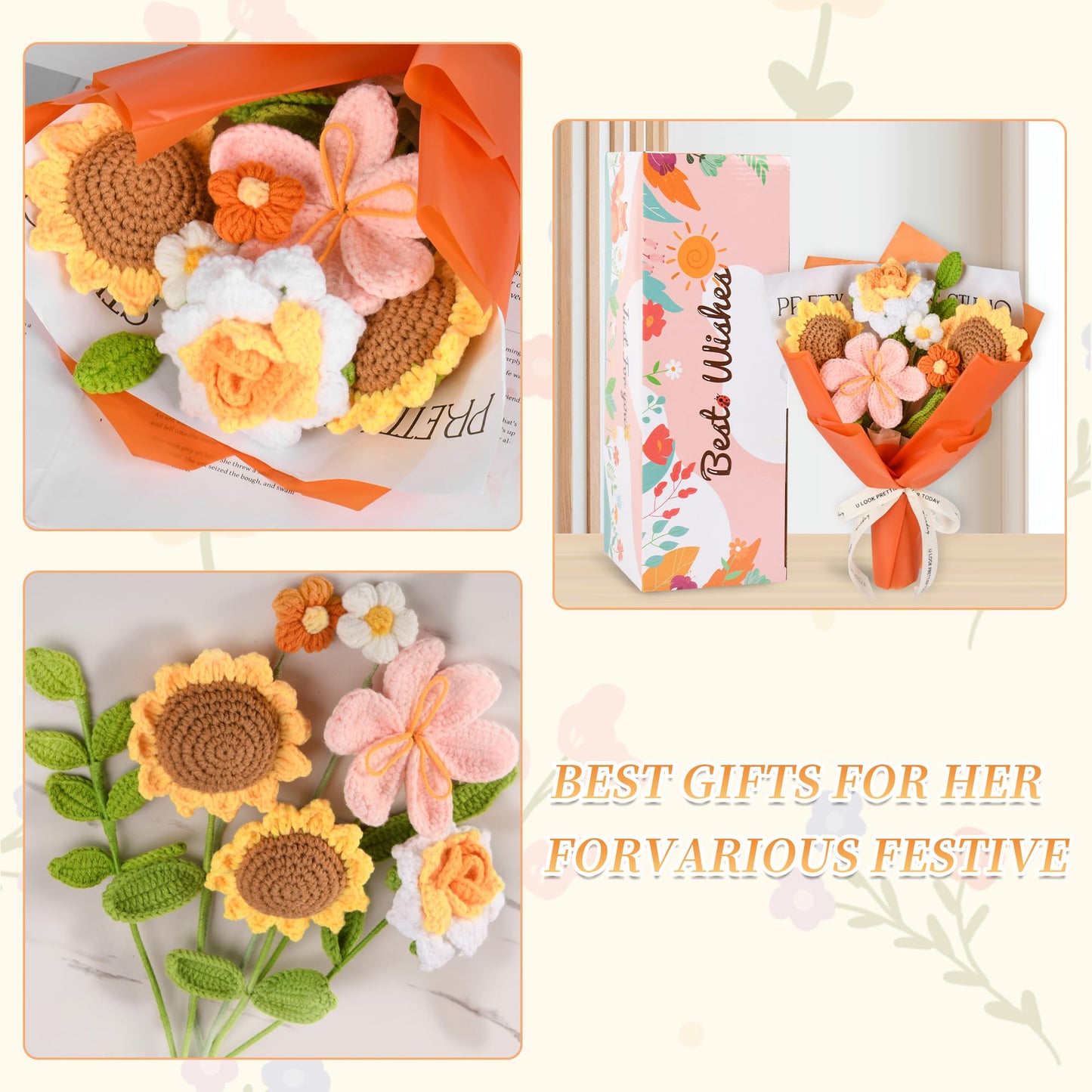 Gouraml Crochet Flower Bouquet Handmade Crochet Flowers Gifts, Crochet Tulips Sunflowers Roses 7Pcs for Mothers Day Weddings Birthdays Home Decor Ideal for Women Moms Wife Friends(Orange)