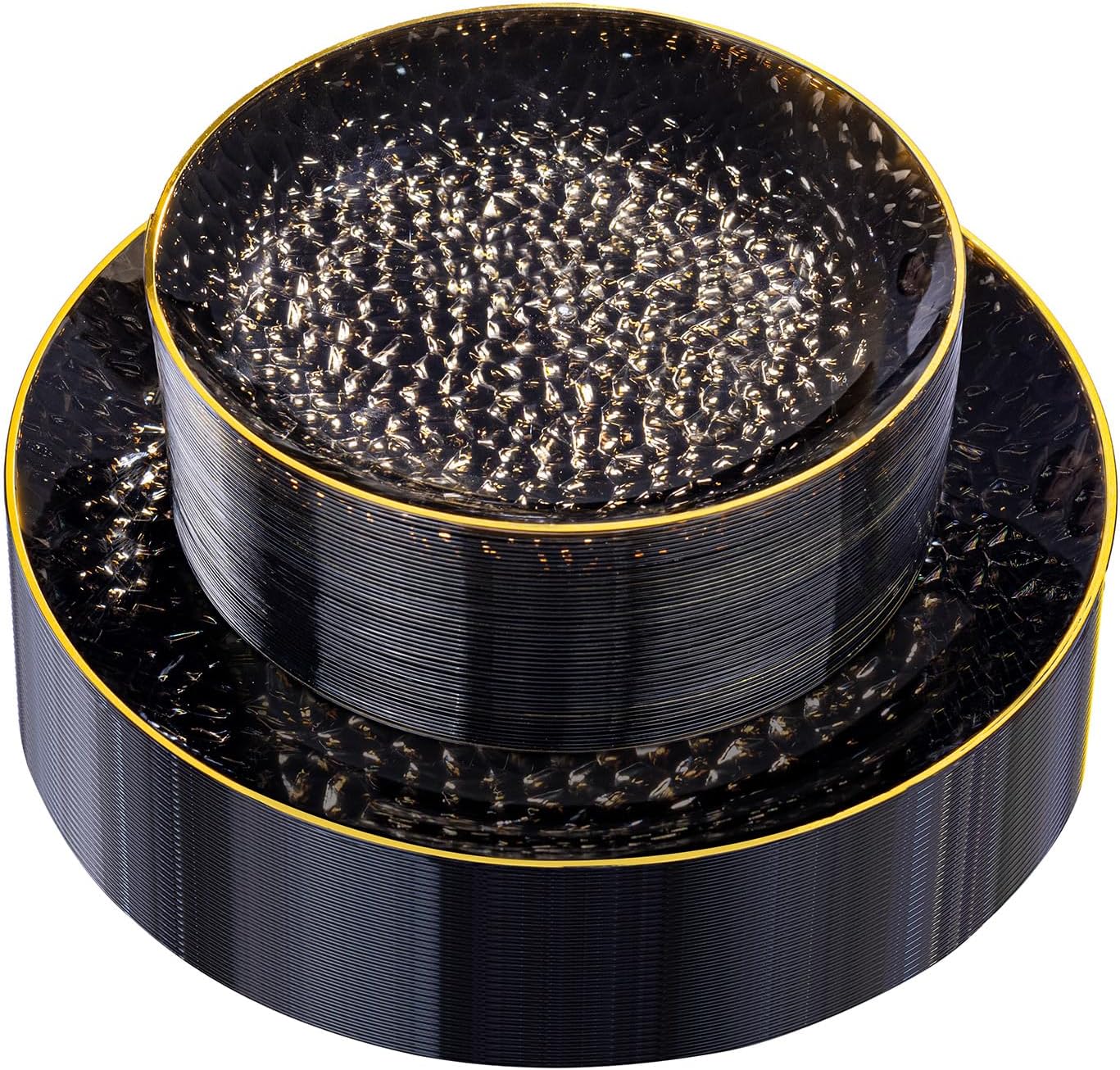Rubtlamp 60Pcs Black Plastic Plates, Black Disposable Plates With Gold Rim, Clear Heavy-duty Party Plates, Hammered Plastic plates Include 30 Dessert Platos, 30 Dinner Platos for Party, Halloween