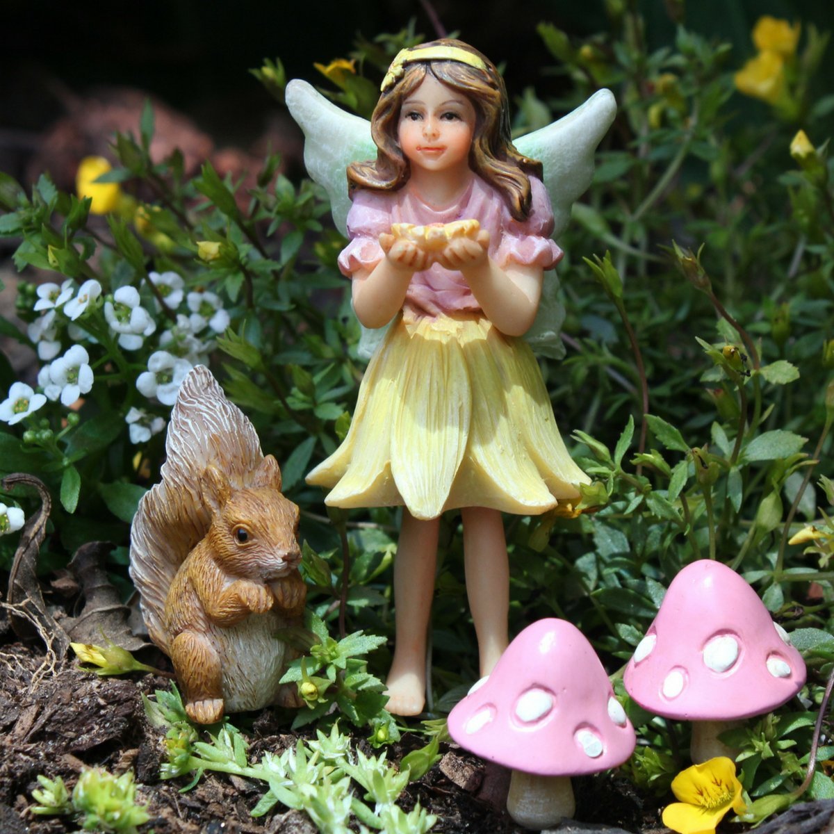 PRETMANNS Fairy Garden Accessories Starter Kit with Figurines, Swing Set, Squirrel & 2 Mushrooms – Ideal for Indoor Outdoor Miniature Garden – 6 Hand-Painted Resin Items