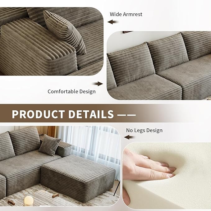 139.4" Modular Sectional Sofa, U-Shaped Minimalist Couches with 2 Middle Seats, Modern Deep Seat Convertible Sleeper Sofa Bed,Cloud Plush Corduroy Fabric, No Assembly Required, 6 Seater, Camel