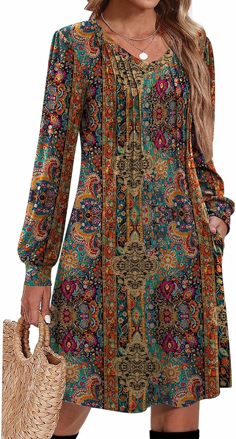 Zeagoo Fall Dresses for Women Long Sleeve Casual Pleated V Neck Dress 2025 A Line Tunic Dress