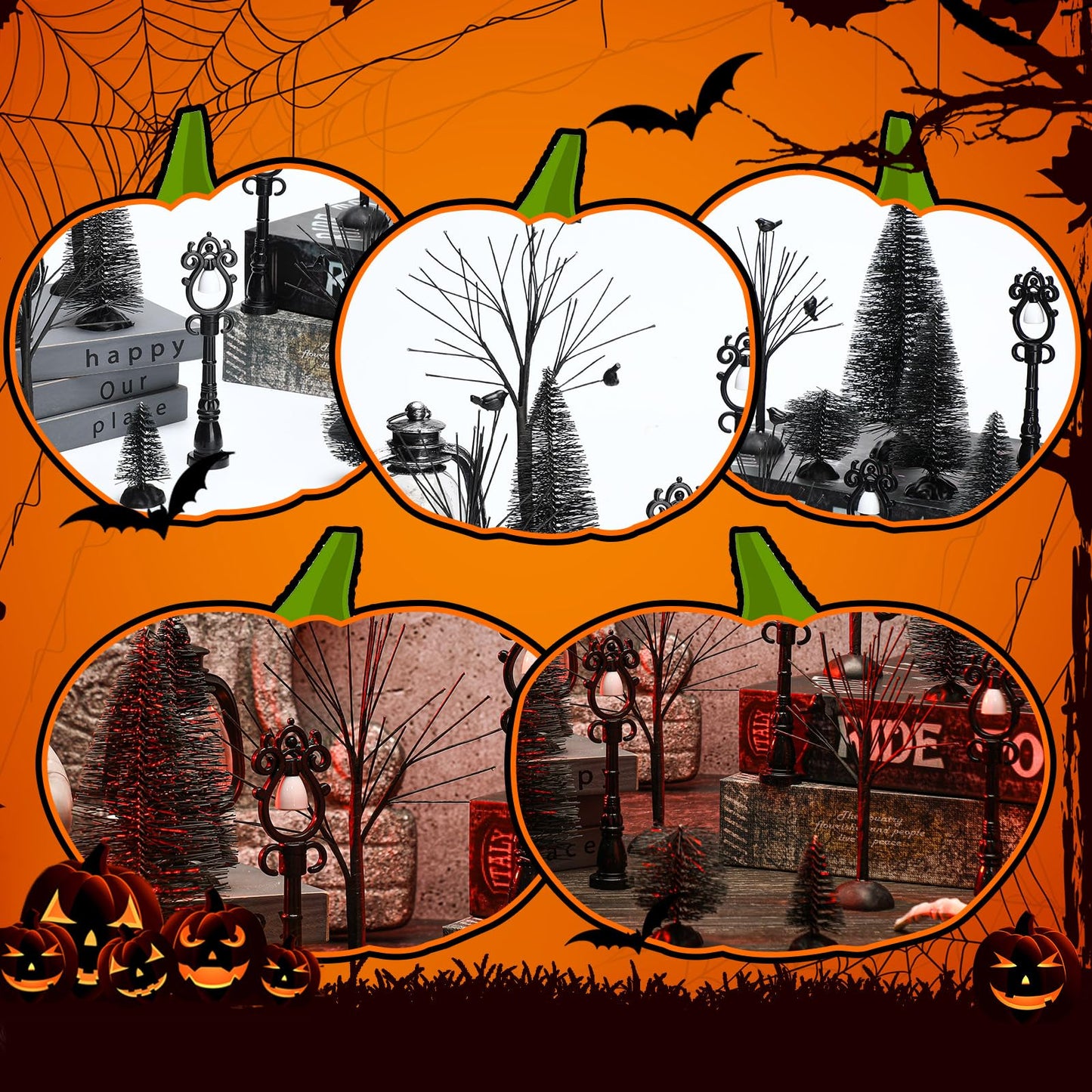 Zeyune Halloween Village Accessories Ornaments Set Bare Branches Bottle Brush Trees Halloween Night Street Lamps Figurine Set with LED String Lights for Party Decor(Orange Trees,17 Pcs)
