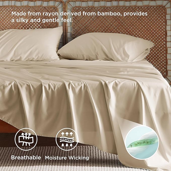 Bedsure California King Sheet Sets, Cooling Sheets for Hot Sleepers, Rayon Derived from Bamboo, Deep Pocket Up to 16 Inches, Breathable & Soft, Hotel Luxury Silky Bedding, Beige