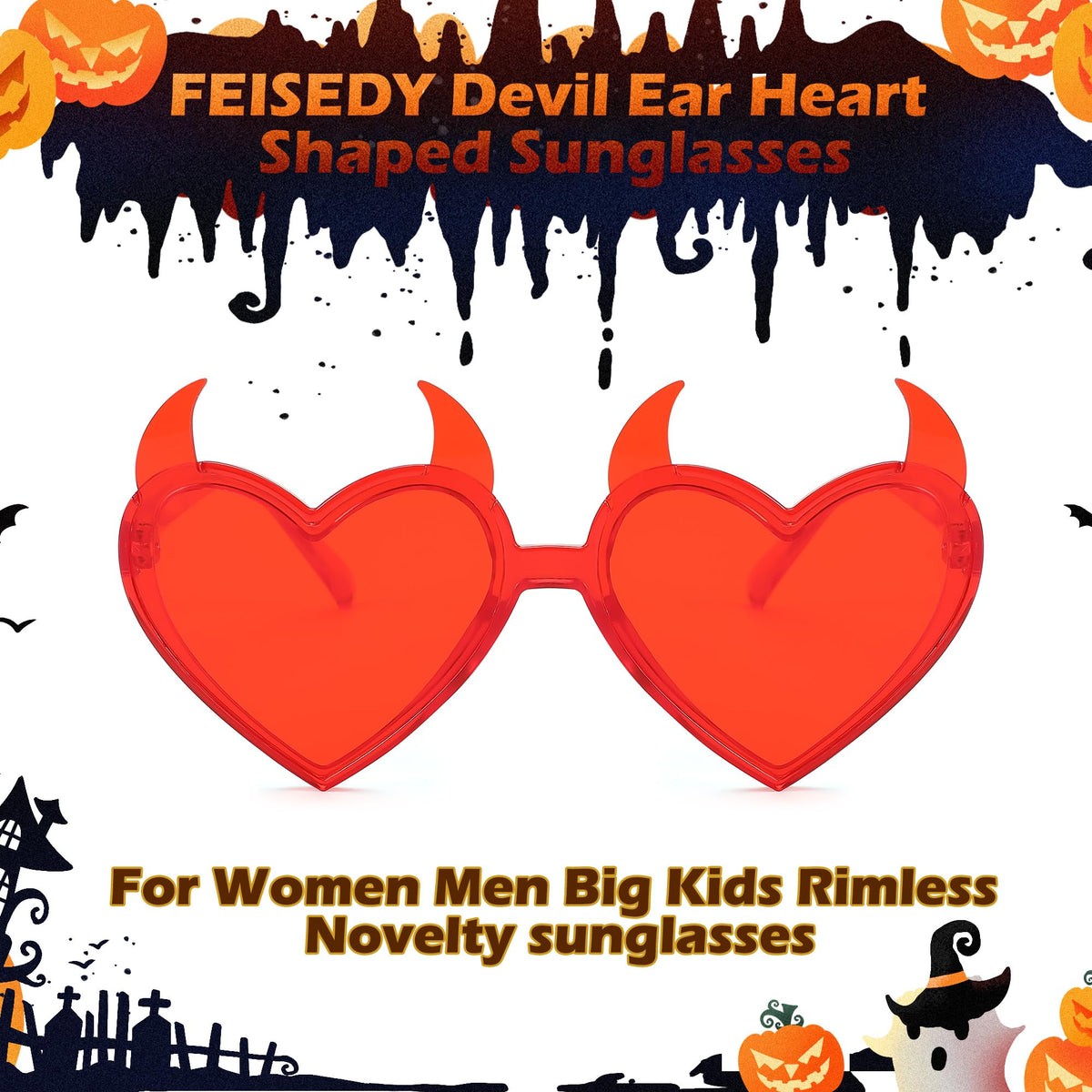 FEISEDY Sunglasses Women Men, Halloween Party Disco Trendy Love Sun Glasses, Rimless Heart Devil Ear Frame B0054