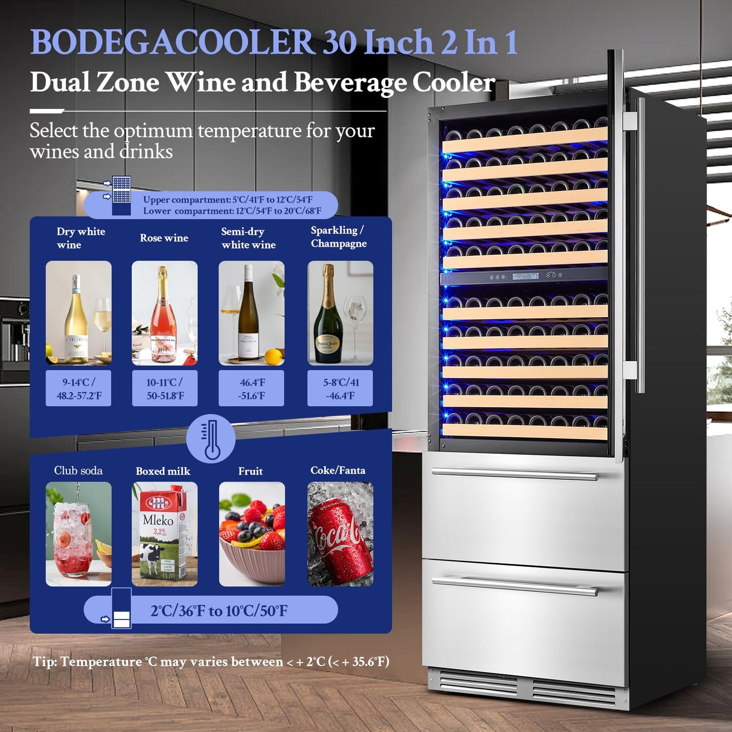 BODEGACOOLER Wine and Beverage Refrigerator, 30 Inch 2 IN 1 Dual Zone Wine Cooler,Built-in or Freestanding Beverage Cooler, Soft LED Light Hold 150 Bottles and 234 Cans