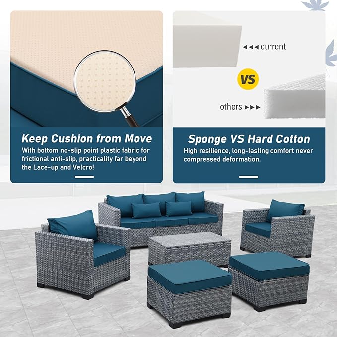 Lviden 6 Pieces Wicker Patio Furniture Sets Outdoor Conversation Set HDPE Rattan Sectional Sofa Couch with Storage Table and Peacock Blue Cushions