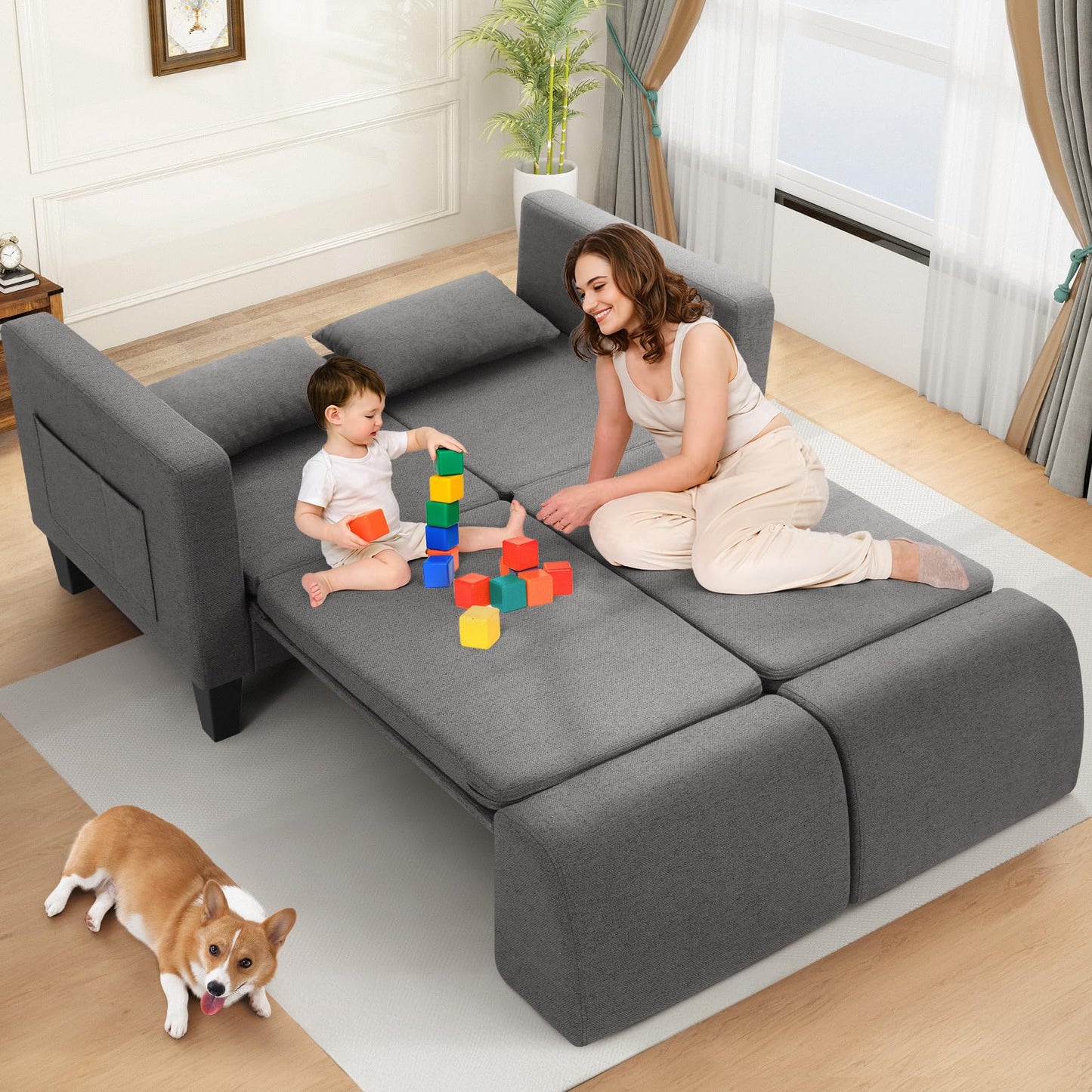 SEJOV 6-in-1 Convertible Sofa Bed, 58" Loveseat Sleeper Sofas with Pull Out Couch Bed, Removable Backrest, Storage Pockets and 2 Pillows, Modern Folding Linen Futon Couch for Small Spaces, Gray
