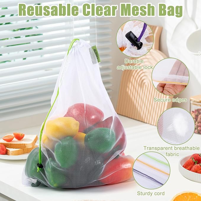 Blcculi 12 Pcs Reusable Produce Bags,Washable Mesh Produce Bags,Mesh Grocery Bag with Drawstring & Colorful Tare Weight Tags,See-Through Vegetable Bag for Grocery Storage,Fruits,Large Medium Small