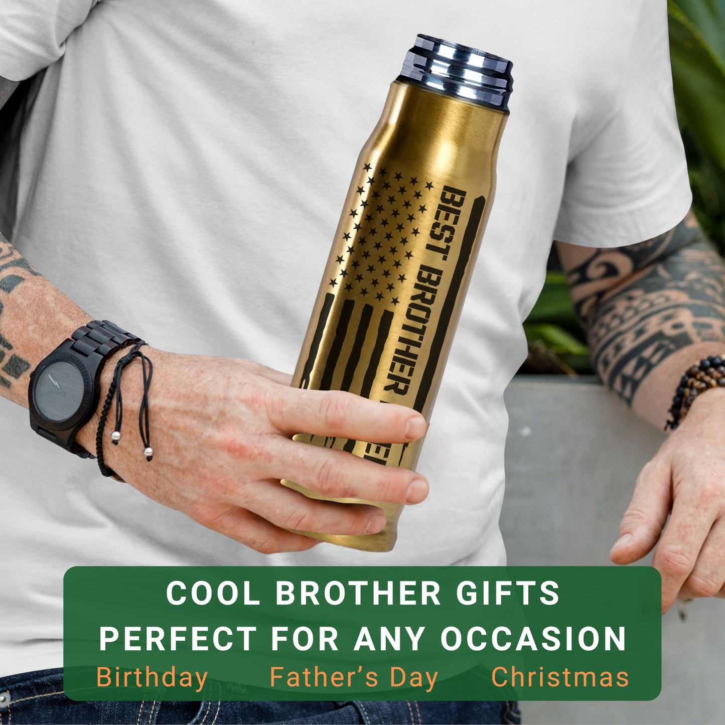 Gifts for Brother, Birthday Gifts from Sister - Best Brother Ever Bullet Tumbler 17Oz with Keychain, Gold Thermos Coffee Cup for Older Adult Bros, Funny Present for Wedding or Graduation