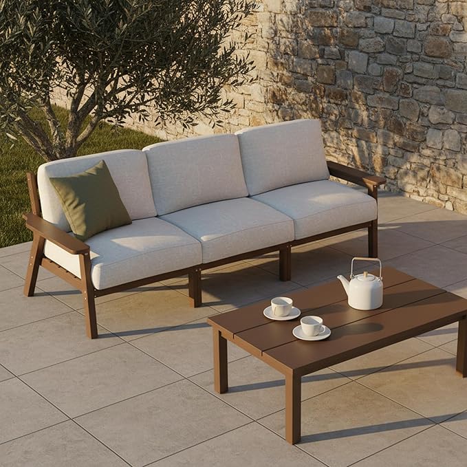 Patio Kingdom Patio Furniture Set 3 Seats, HDPE Outdoor Sectional with Washable Beige Thick Cushions, Coffee Table & Side Table, Patio Conversation Sets for Lawn, Garden, Porch, Balcony (Brown Frame)
