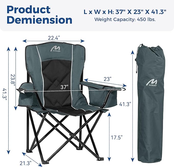Matrasco Oversized Padded Camping Chair, Heavy-Duty Steel Frame for 450 lbs Supports, Convenient 6-Can Cooler, Portable Carry Bag, Perfect for Outdoor, Beach, and Hiking (Gray & Black)