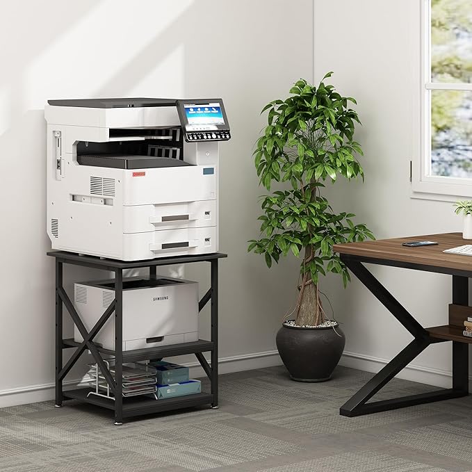 Fannova Printer Stand, 23.6 x 23.6 x 30.1 Inches Large Square Printer Table with Height Adjustable Storage Shelf, 3 Tier Rolling Printer Cart with Industrial Wheels for Home Office - Black
