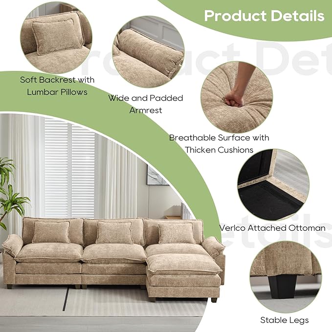 Oprisen 120" Modular Sectional Sofa, Comfy Cloud Couch Sectional Sofa with Ottoman, Chenille Sofa Sleeper Deep Seat Sofa with Throw Pillows for Living Room (Khaki, 120"- L Shape)