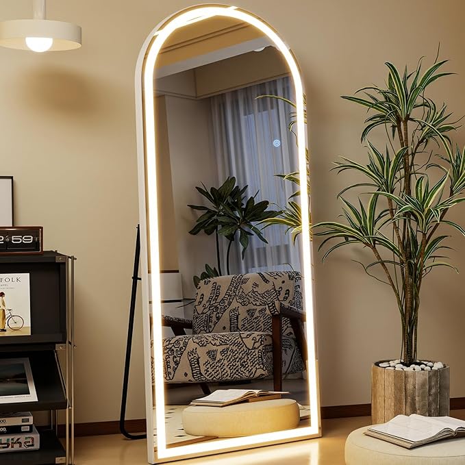 GLSLAND 26"x68" Arched LED Full Length Mirror with Lights Wall Mounted/Standing, Dimmable Floor Lighted Mirrors W/Anti-Fog, Touch Control for Bedroom, Dressing Room